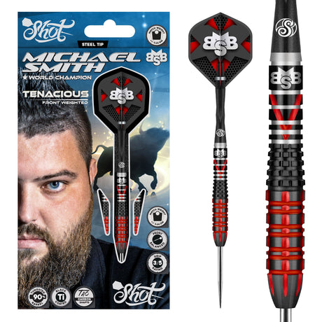 Front-weighted 90% tungsten darts in retail packaging with close-up of black and red barrel grip and custom flights