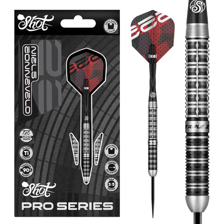 Niels Zonneveld 2.0 90% tungsten darts in retail packaging with close-up of precision barrel grip and red-black flights