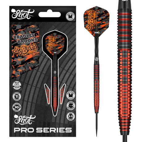 Pro Series Bradley Brooks 90% tungsten dart packaged with bold orange flights, detailed grip texture barrel close-up, carbon shaft