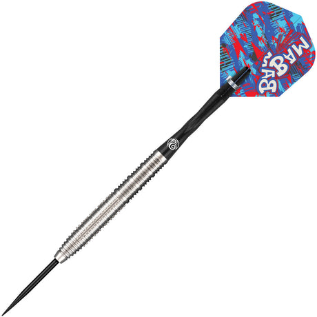 Single 90% tungsten dart with precision grip barrel, black shaft, and blue graphic flight on white background