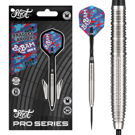 Pro Series Bradley Brooks Gen 2 tungsten darts in retail packaging with close-up barrel grip and blue graphic flights