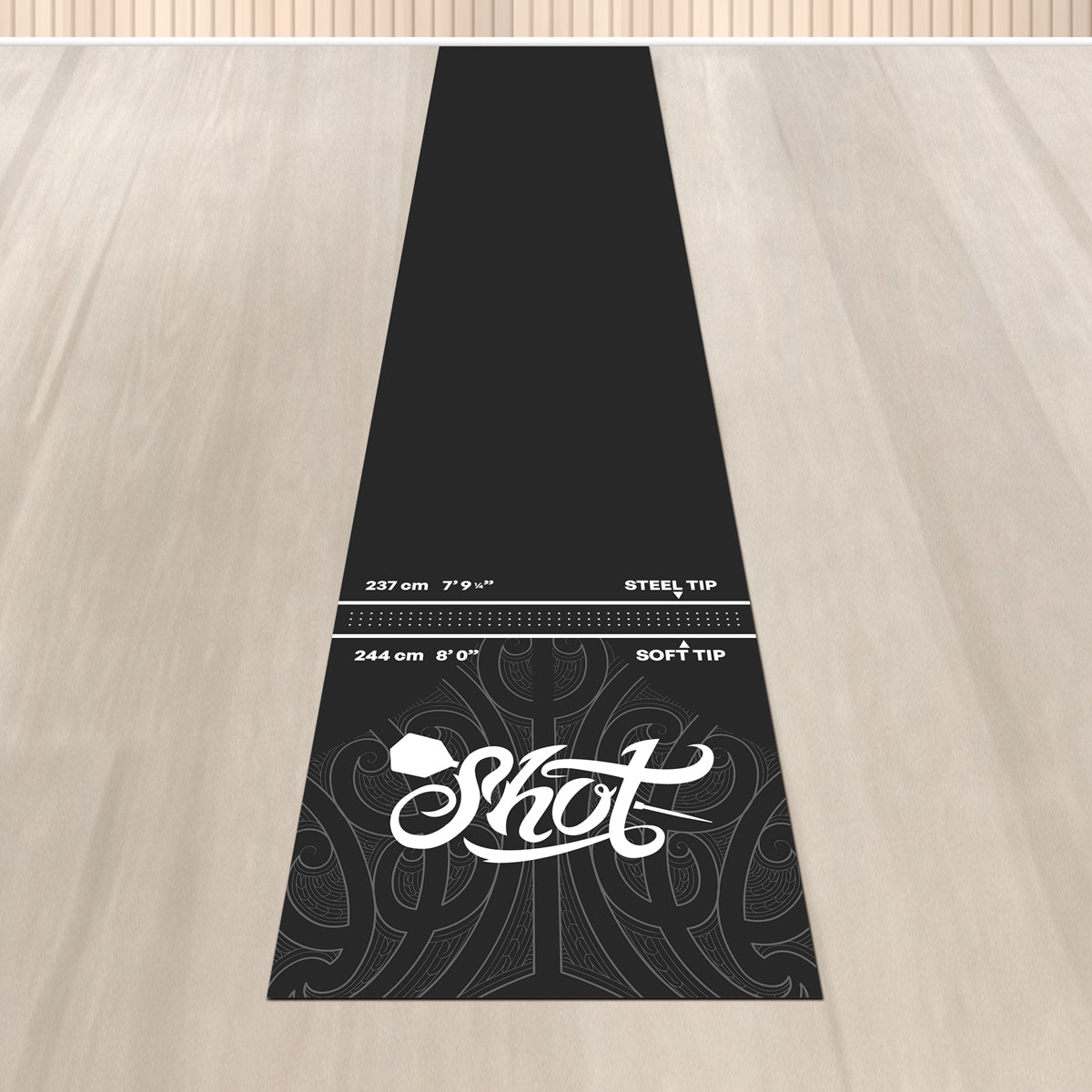Top-down view of T-shaped dart mat on floor with steel tip and soft tip throw lines, detailed markings, ideal for dart setup