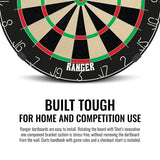 Close-up angled view of Ranger bristle dartboard edge with clear scoring zones and staple-free technology, ideal for home or competition darts