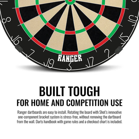 Close-up angled view of Ranger bristle dartboard edge with clear scoring zones and staple-free technology, ideal for home or competition darts