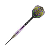 Shot Roman Empire Caesar 90% tungsten dart shown at an angle with flight and shaft fitted