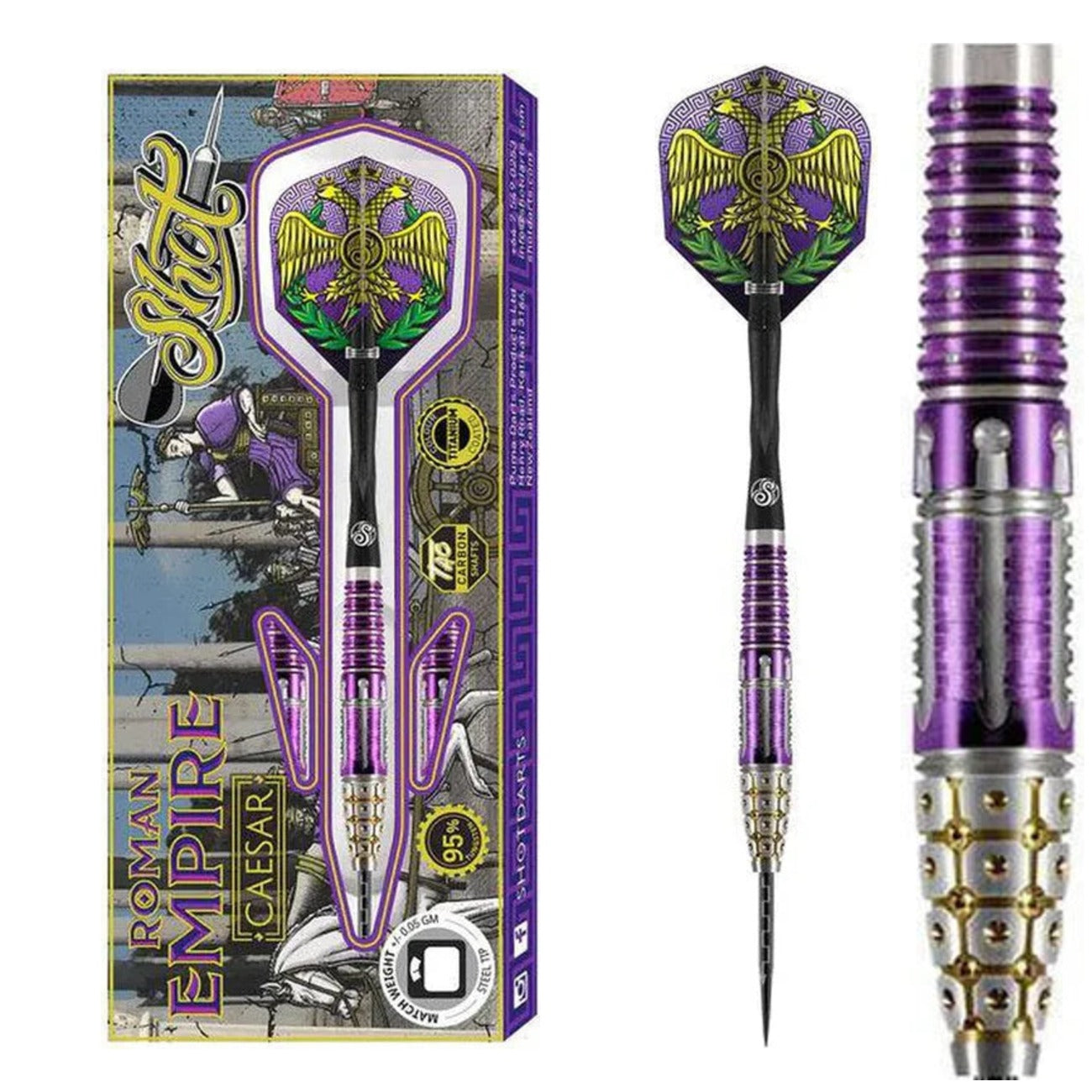 Shot Roman Empire Caesar 90% tungsten darts - retail packaging, full dart and close-up of the purple and gold Testudo, Gladius and Hilt grip barrel