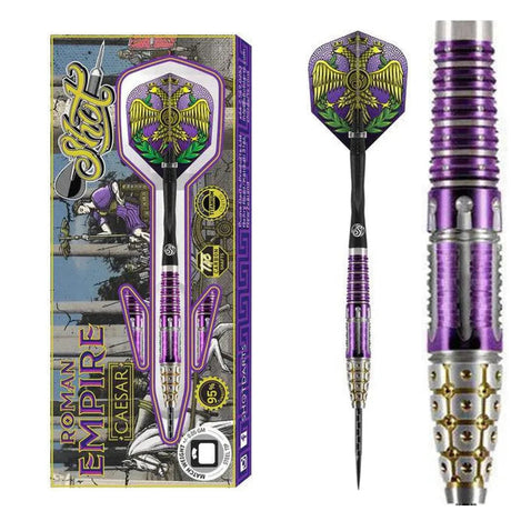 Shot Roman Empire Caesar 90% tungsten darts - retail packaging, full dart and close-up of the purple and gold Testudo, Gladius and Hilt grip barrel