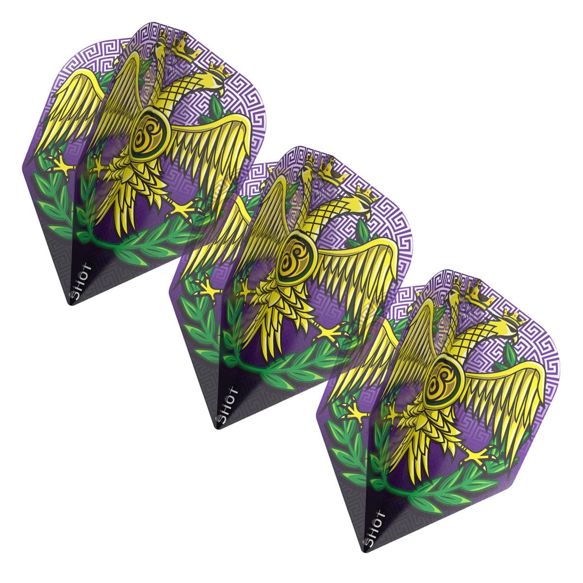 Three Caesar No.6 dart flights with gold Roman eagle, laurel wreaths, purple background, arranged diagonally on white for dart setup