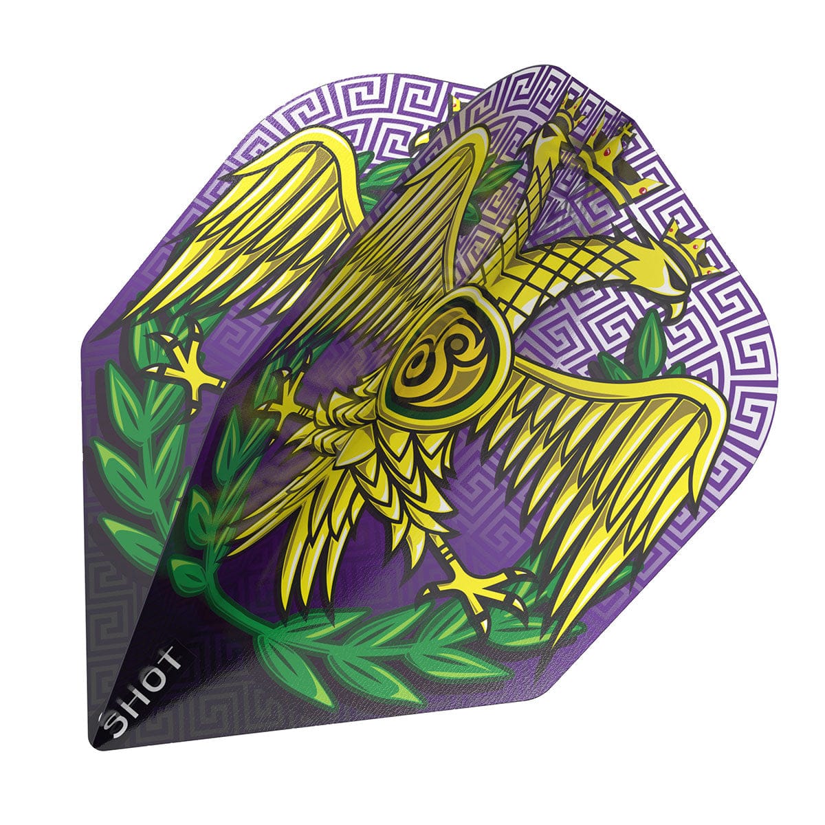 Close-up angled dart flight with gold Roman eagle and laurel wreath design on purple, isolated background