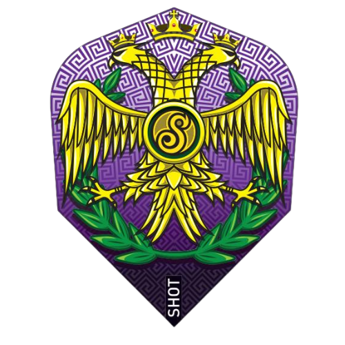 Caesar No.6 dart flight with double-headed eagle design, gold and purple pattern, isolated on white background