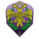 Caesar No.6 dart flight with double-headed eagle design, gold and purple pattern, isolated on white background