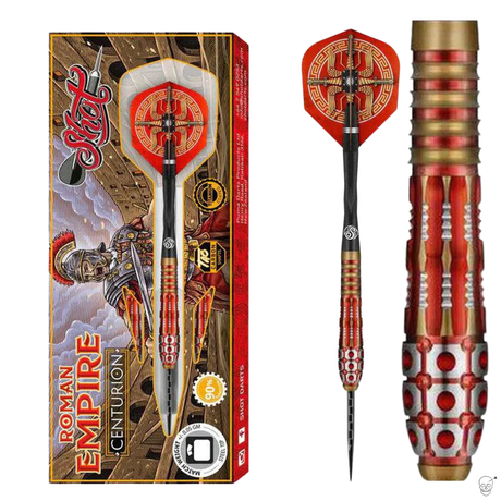 Roman Empire Centurion 90% tungsten dart with red flights in retail packaging, macro view highlights knurled grip and detailed barrel design.
