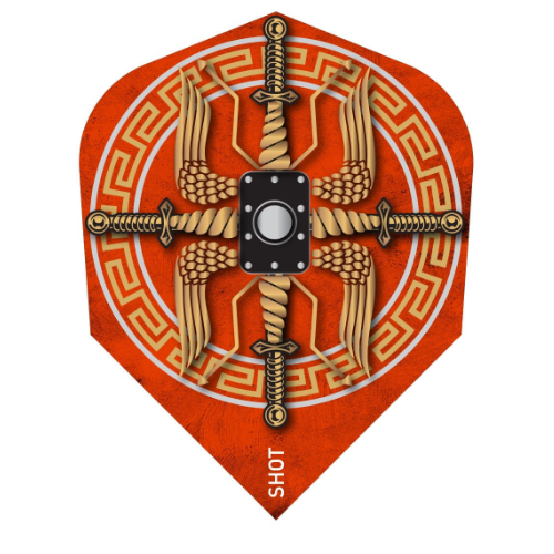 Shot Roman Empire Centurion No.6 dart flight upright on a white background, orange and red artwork