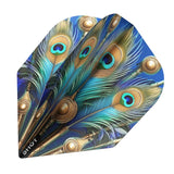 Close-up of three dart flights with peacock feather and gold Roman motif, isolated on white, showcasing vibrant No.6 dart flight design