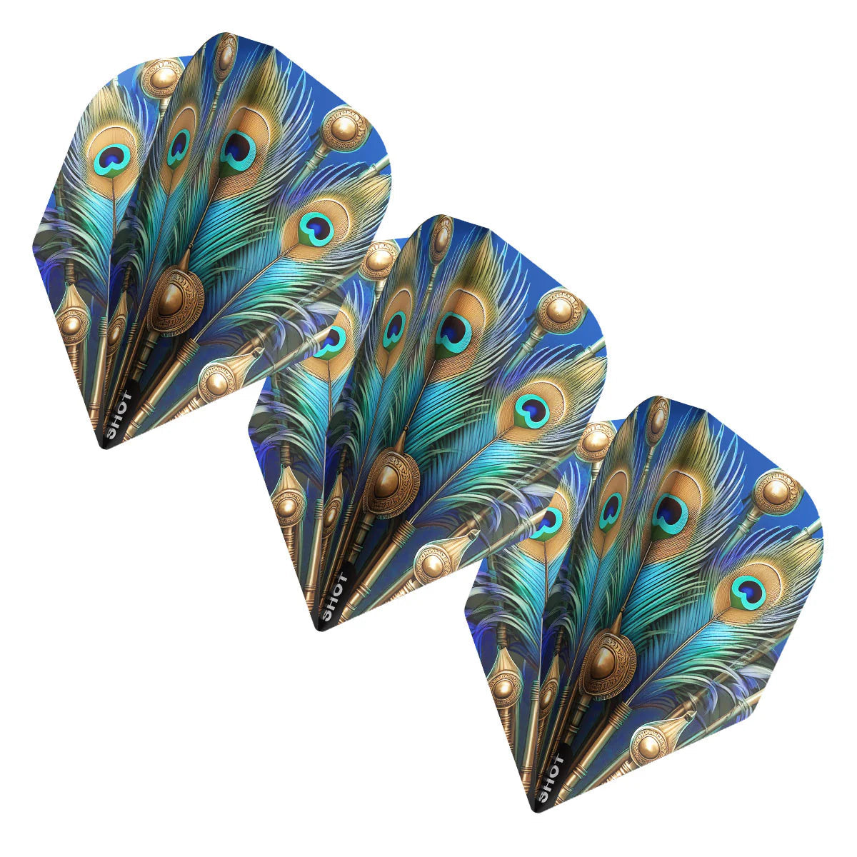 Three No.6 dart flights arranged at an angle, peacock feather design, durable 100 micron material, isolated on white background