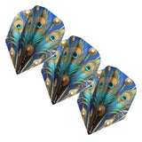 Three No.6 dart flights arranged at an angle, peacock feather design, durable 100 micron material, isolated on white background