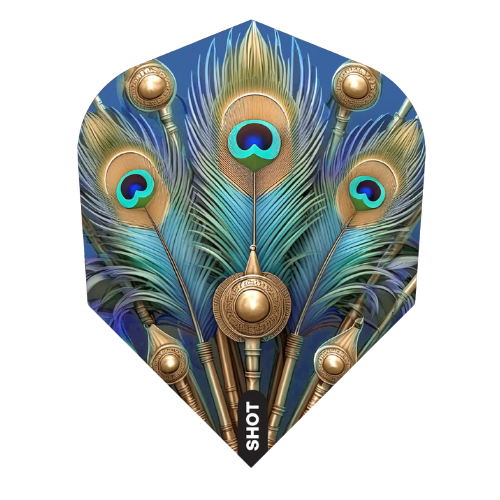 Full view of Juno No.6 dart flight, peacock feather and Roman shield artwork, 100 micron, isolated on white, essential darts accessory