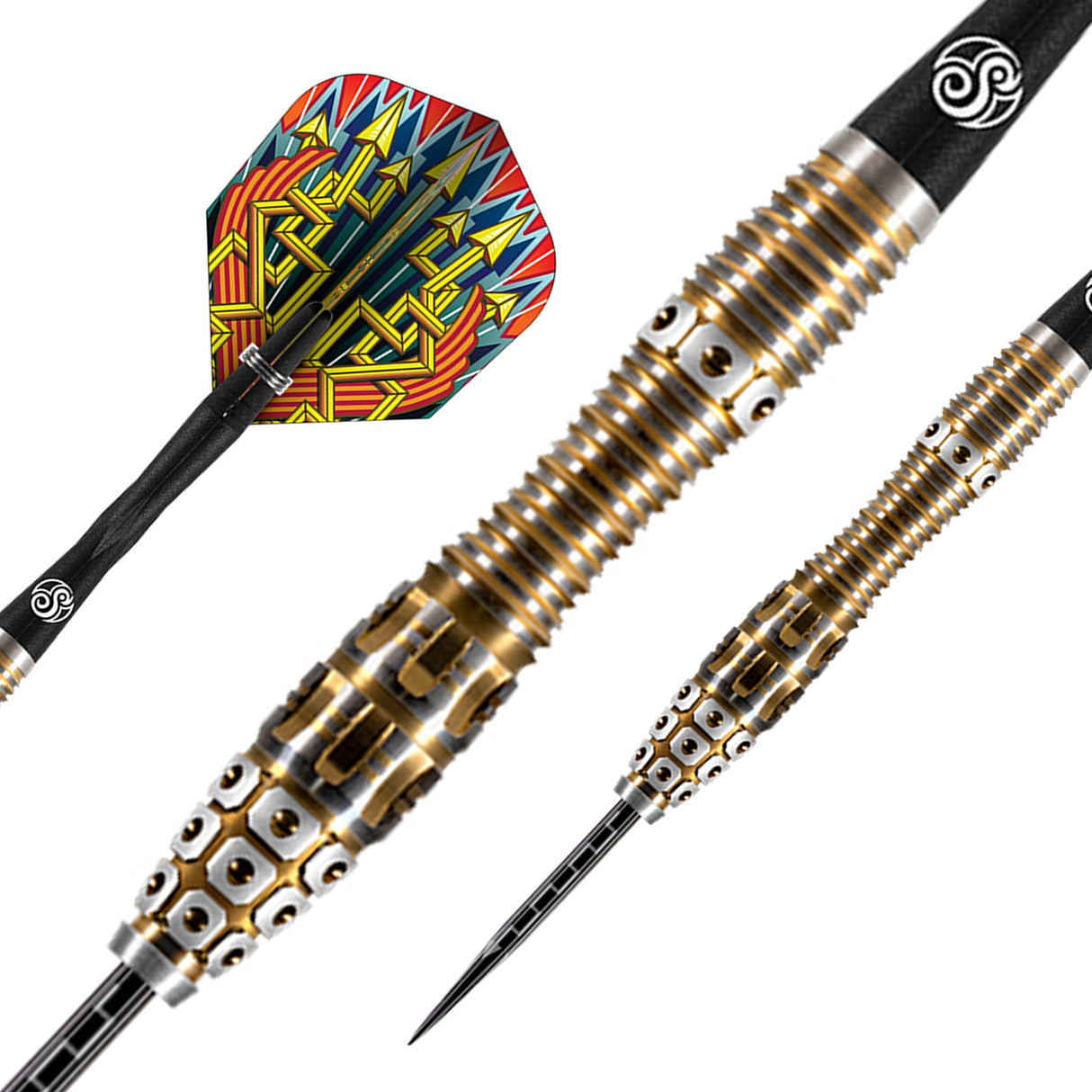 Angled close-up of 90% tungsten darts with knurled gold barrel, grooved grip, sharp steel tip, and patterned Roman Empire dart flights on white