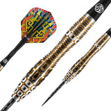 Angled close-up of 90% tungsten darts with knurled gold barrel, grooved grip, sharp steel tip, and patterned Roman Empire dart flights on white