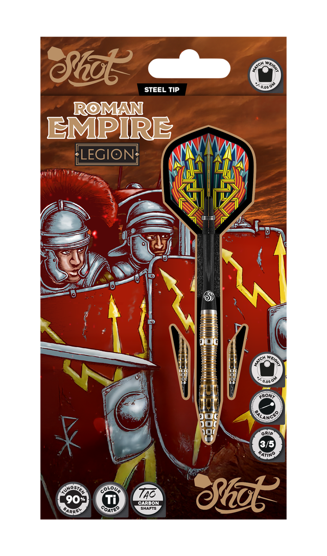 Steel tip tungsten darts in retail packaging, showcasing detailed grip barrel, Roman Empire themed flight, and titanium coated carbon shafts.