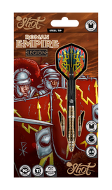 Steel tip tungsten darts in retail packaging, showcasing detailed grip barrel, Roman Empire themed flight, and titanium coated carbon shafts.