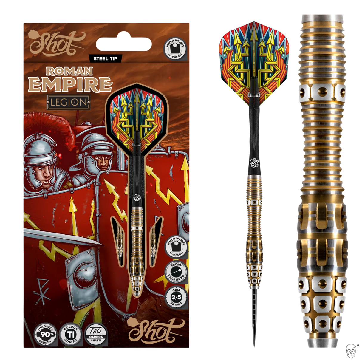 Roman Empire Legion tungsten steel tip dart in retail packaging with angled barrel close-up and flight featuring Roman design