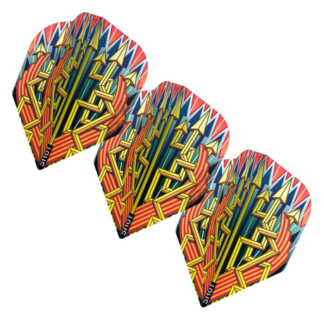 Three Roman Empire Legion No.6 dart flights angled and displayed on white, showcasing bold Roman arrow and laurel pattern