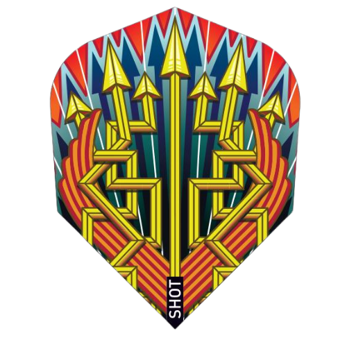 Full view of Roman Empire Legion No.6 dart flight with bold yellow spear and red wing graphic, isolated on white, standard shape