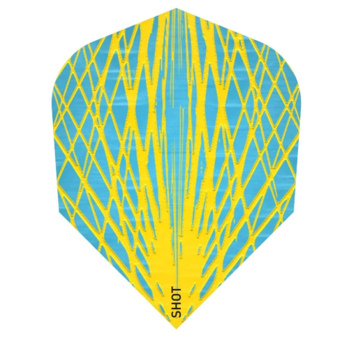 Shot Rowby-John Rodriguez Araw No.2 dart flight upright on a white background, yellow and aqua sunburst design