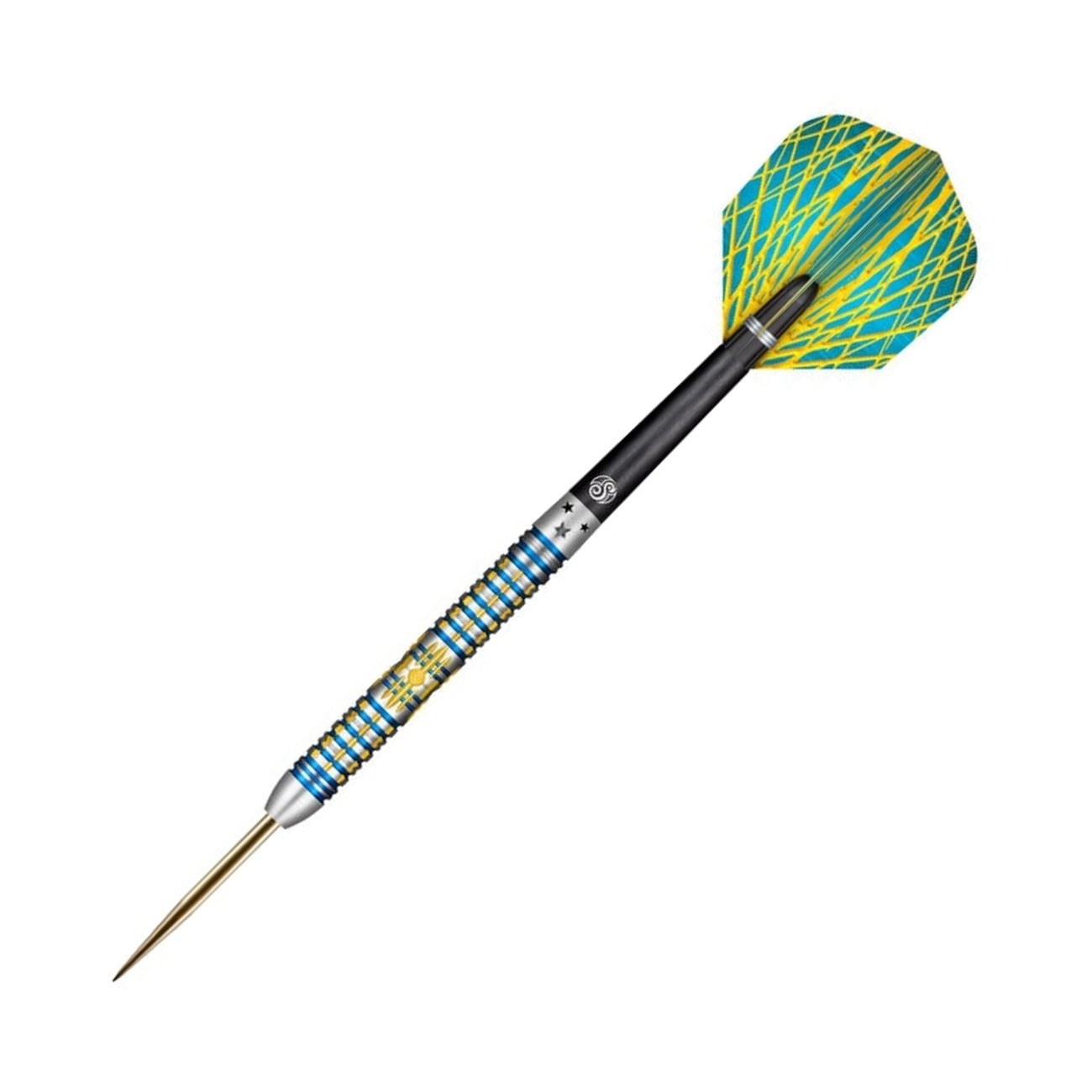 Shot Rowby-John Rodriguez Araw 90% tungsten dart shown at an angle with flight and shaft fitted
