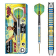 Shot Rowby-John Rodriguez Araw 90% tungsten darts - retail packaging, full dart and close-up of the blue and gold sunbeam ring grip barrel