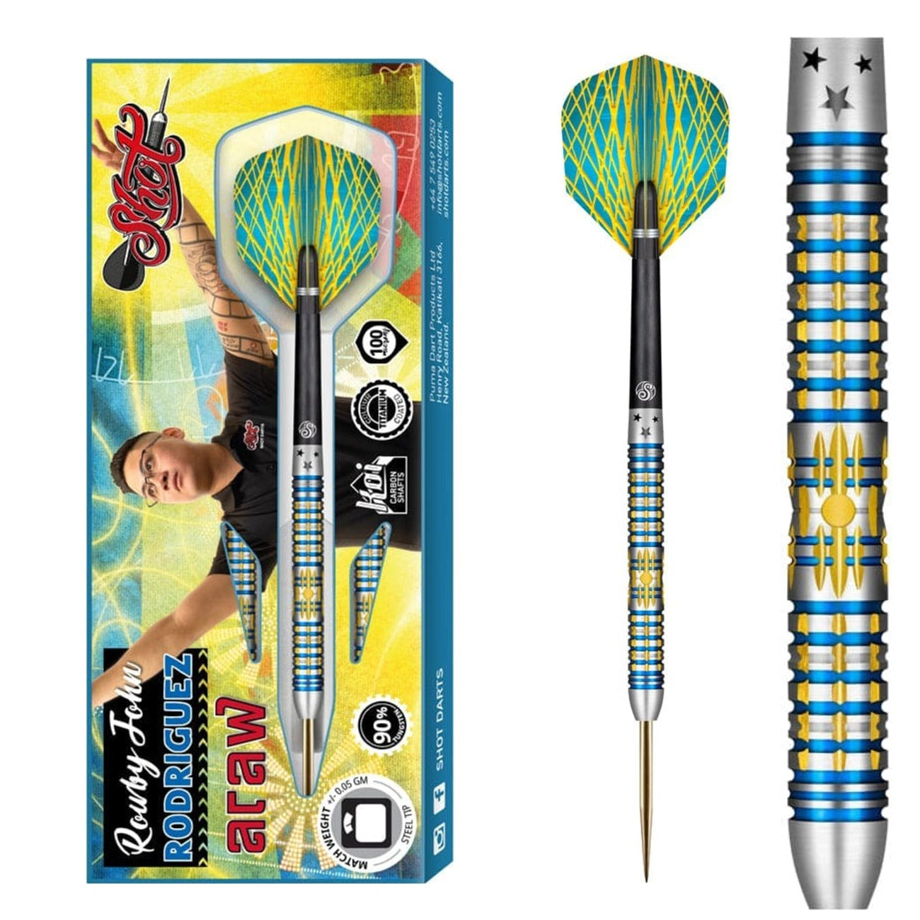 Shot Rowby-John Rodriguez Araw 90% tungsten darts - retail packaging, full dart and close-up of the blue and gold sunbeam ring grip barrel