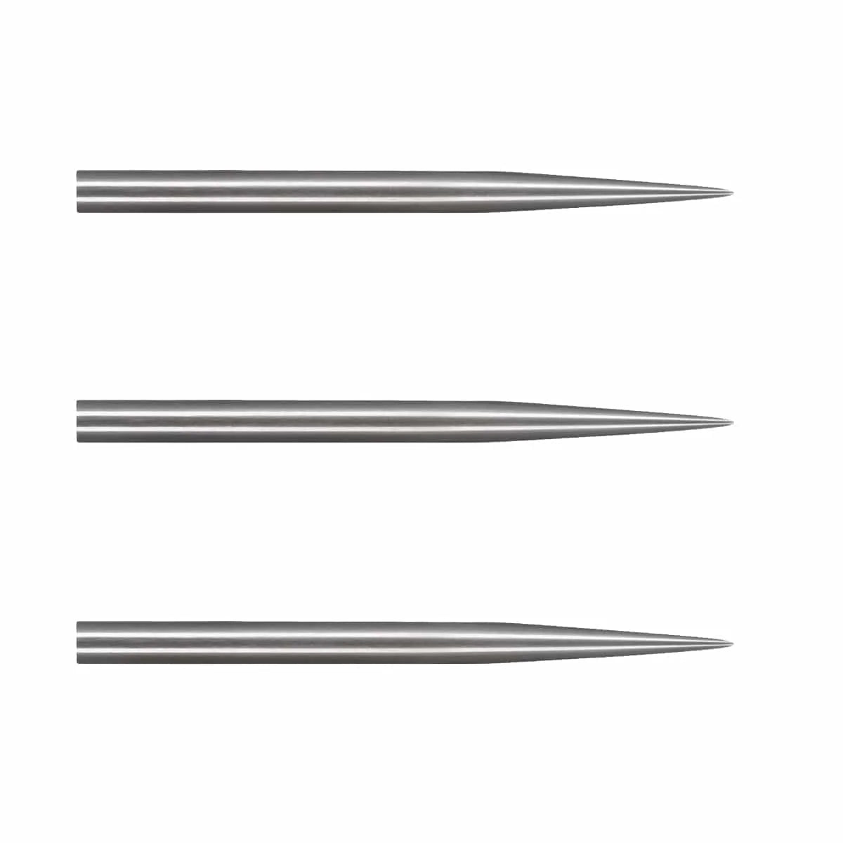 Three silver steel dart points aligned horizontally, full side view, isolated on white for replacement tip comparison.