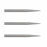 Three silver steel dart points aligned horizontally, full side view, isolated on white for replacement tip comparison.