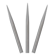 Three silver steel dart replacement points upright on white background, sharp tip detail, set of 3 for dartboard accessories