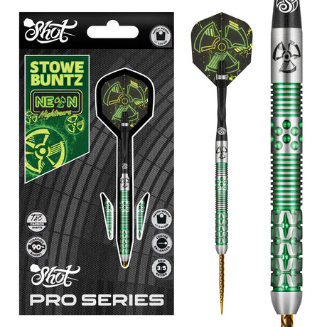 Stowe Buntz 2.0 90% tungsten darts in packaging with black titanium coating, green grip texture, close-up barrel and flight design