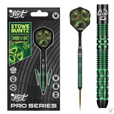 Full product view of black titanium tungsten dart in retail packaging with close-up on neon green barrel grip and flight graphic