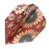 Angled close-up of sunflower No.6 dart flight, red background, textured 100 micron material, floral design for darts