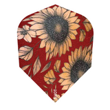 Close-up of sunflower pattern dart flight, No.6 shape, 100 micron, floral design on red background, ideal dart accessory
