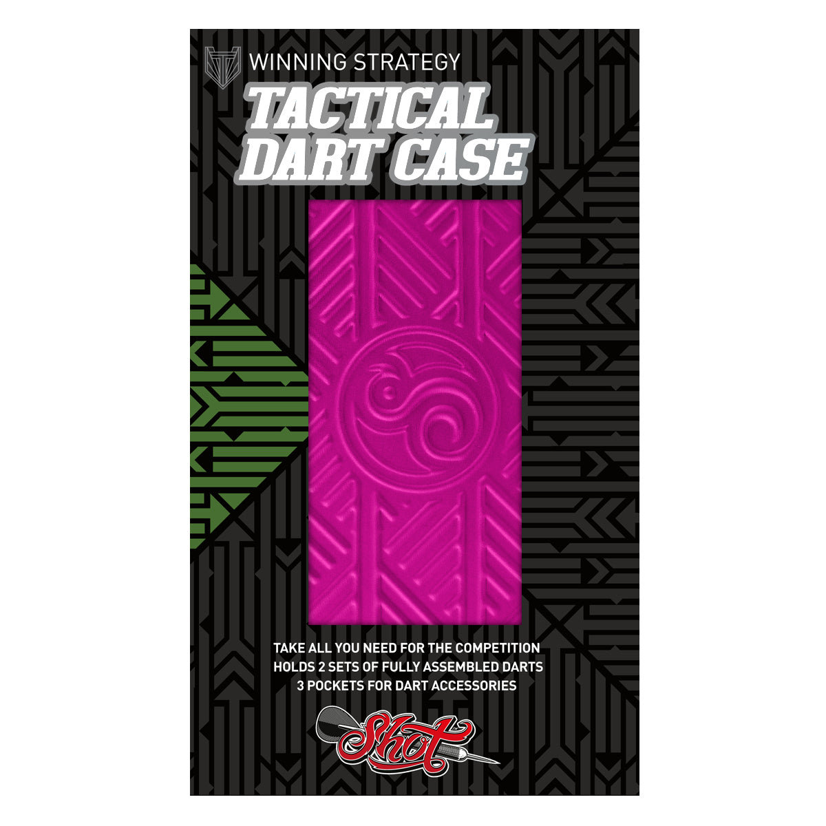 Tactical dart case in pink shown in retail packaging with display window, highlighting textured design for holding two dart sets
