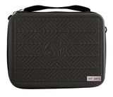 Black tactical darts case with geometric textured hard shell, top handle, and secure zip closure isolated on white background