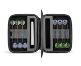 Top-down view of open darts case displaying 12 assembled darts in foam slots, showing flight designs and secure dart storage for players