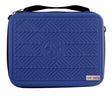 Full view blue tactical darts case with embossed geometric pattern, zip closure and handle, isolated on white for dart storage
