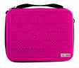 Full view pink tactical darts case with geometric textured cover, sturdy handle, isolated on white, ideal for dart storage and transport