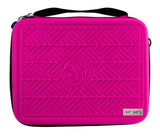 Full view pink tactical darts case with geometric textured cover, sturdy handle, isolated on white, ideal for dart storage and transport