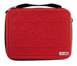 Red hard-shell dart case with textured geometric design and carry handle, full front view on white background for dart storage