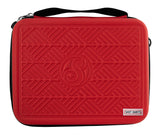 Red hard-shell dart case with textured geometric design and carry handle, full front view on white background for dart storage