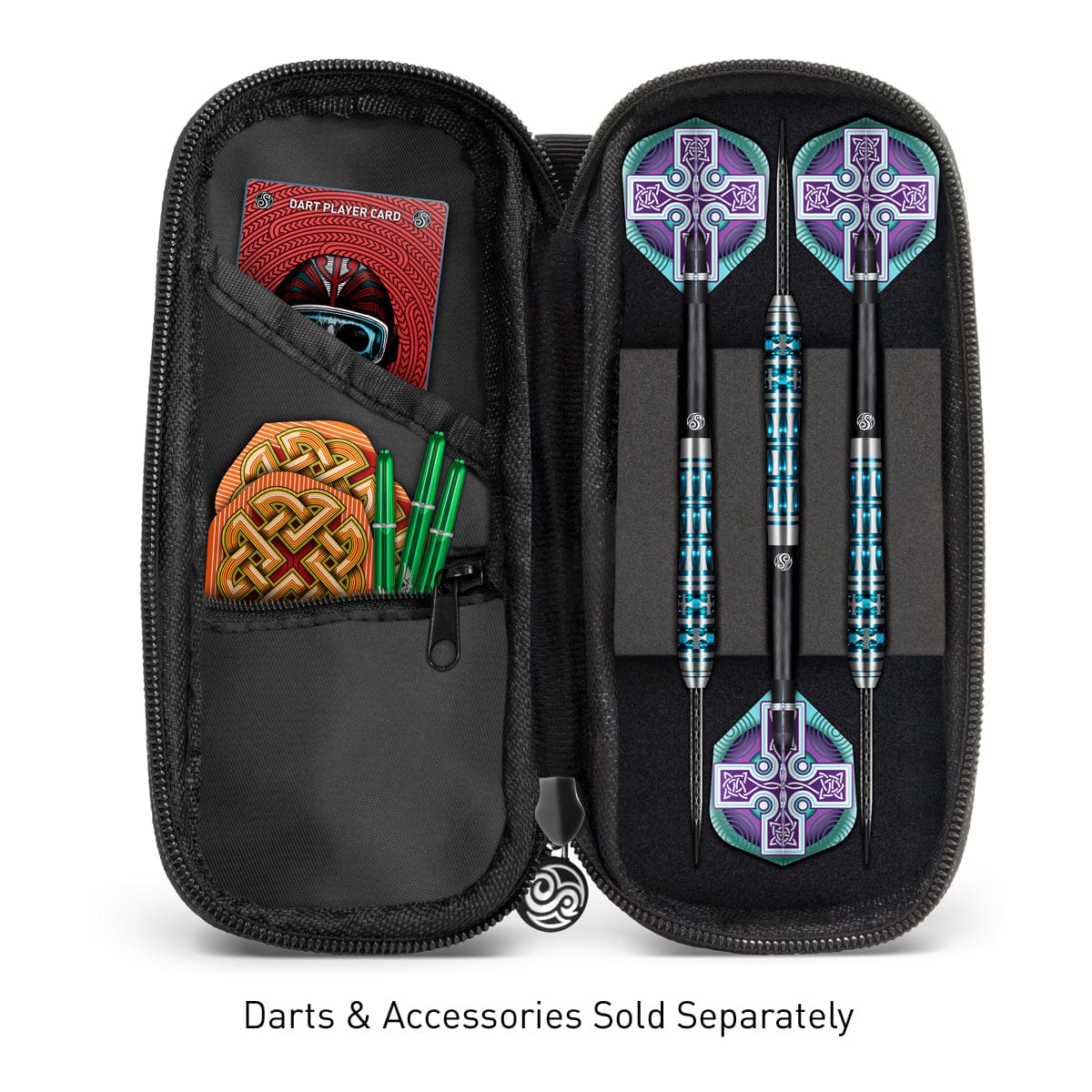 Open top-down view of slim pink darts case with three full darts, accessory storage pockets, and foam protection, ideal for dart players