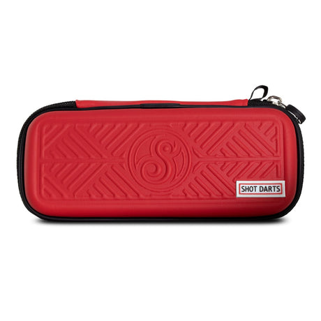 Red slim darts case with textured front, zipper closure, compact hard shell design, isolated on white background