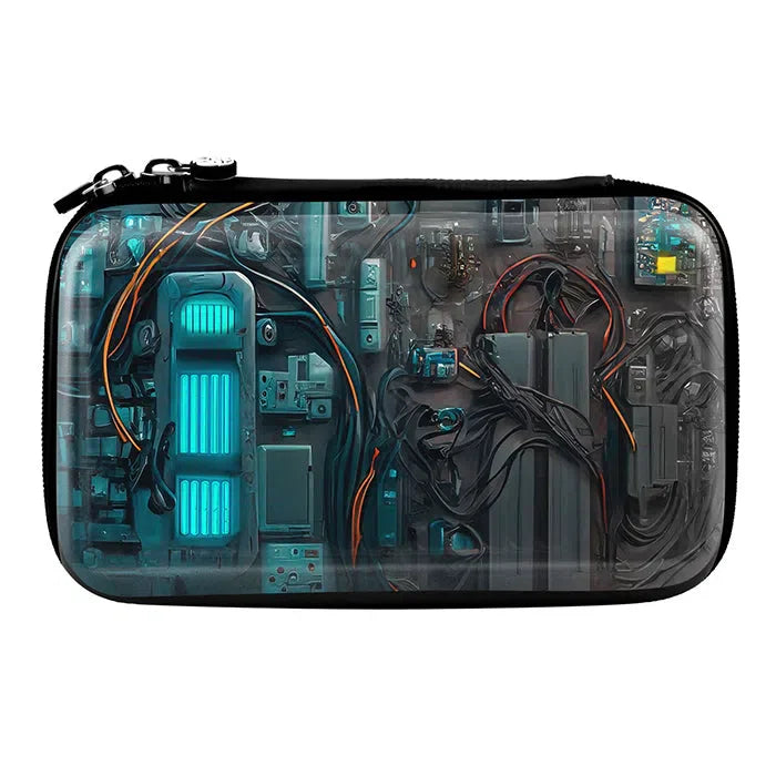 full view of cyberpunk tactical dart case with futuristic circuit design, zippered closure, isolated on white for darts equipment storage